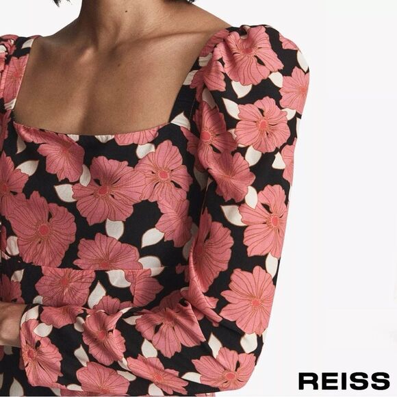REISS **NWT** Andi Pink Floral Print Puffed Shoulder Woven Mini Dress - Picture 3 of 13